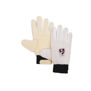 Pair of SG Test wicket keeping inner gloves showing soft chamois leather palm and breathable mesh backing.