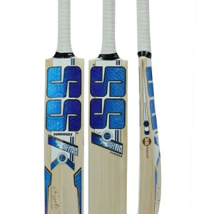Three angles of SS SKY Flicker English Willow Cricket Bat showing back graphics, front face grain, and side spine profile