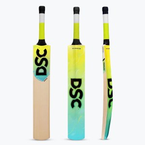 Front, back, and side profile views of the DSC Wildfire Warrior Kashmir Willow tennis cricket bat with green grip and green-black graphics.